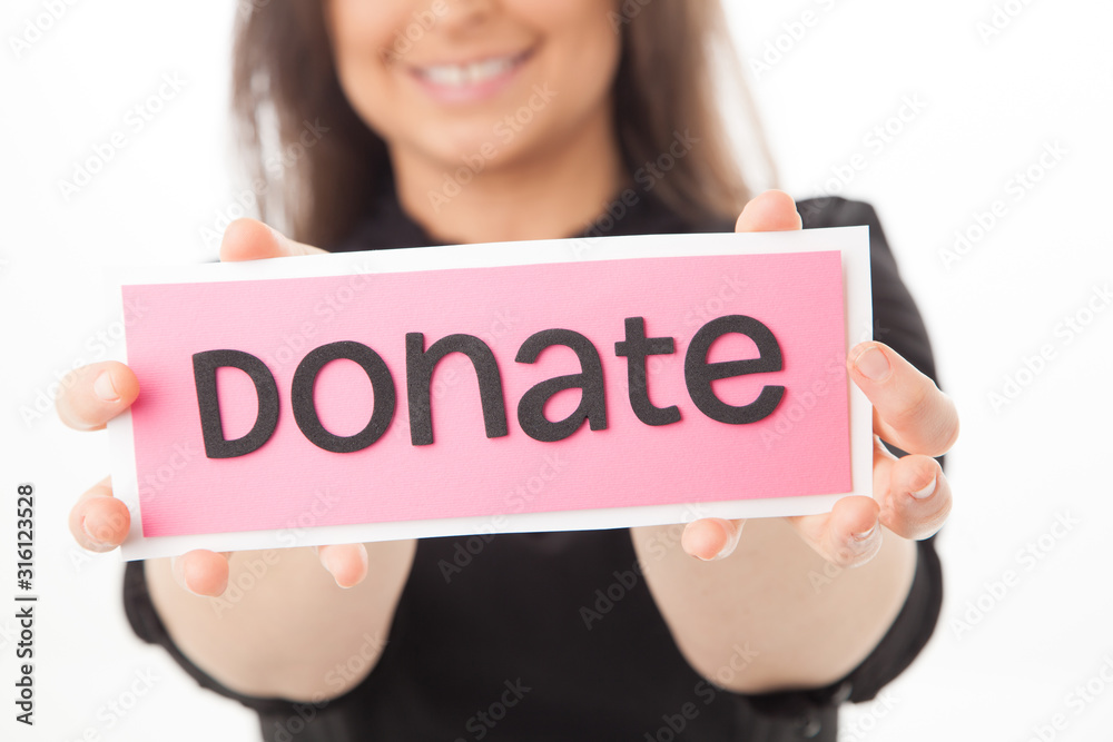 Donate, female fund raising business concept on white background Donate, female fund raising business concept on white background