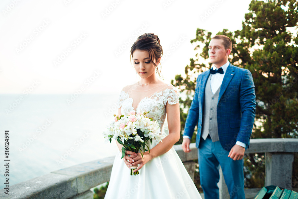 The guy and the girl are smiling at each other. Classic young wedding couple. The guy and the girl are smiling at each other. Classic young wedding couple.