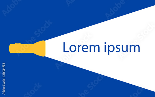 Yellow flashlight silhouette with ray on the blue background.