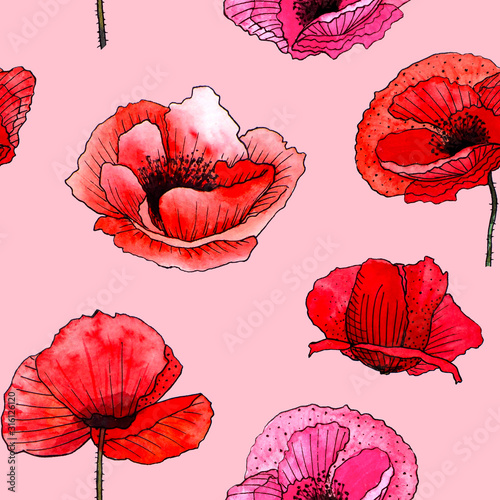 watercolor-hand-painted-seamless-pattern-poppies-on-pinc-background