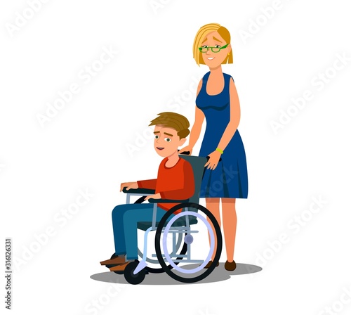 Mother Parent taking care of her disabled children kid girl boy
