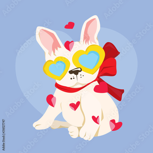 Happy Valentine's Day with cute french bulldog in heart glasses, Valentines Day background with puppy bulldog, Valentine card and poster