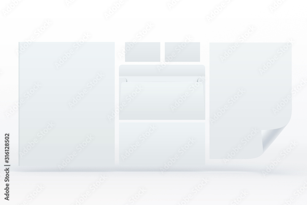 Blank Corporate Stationery Set soaring in the air isolated on white. Mockup template for branding identity for graphic designers presentations and portfolios. 3d render. Blank Corporate Stationery Set soaring in the air isolated on white. Mockup template for branding identity for graphic designers presentations and portfolios. 3d render.