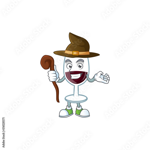 cartoon mascot style of red glass of wine dressed as a witch