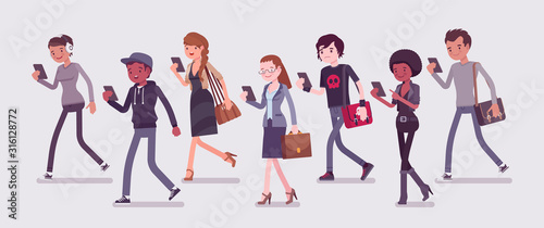 Zombie walking people, distracted pedestrians addicted to smartphone. Diverse group of peoples without attention to surroundings, focused upon phone app or talk. Vector flat style cartoon illustration