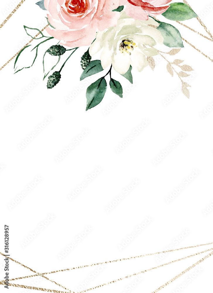 Greeting card template with watercolor flowers blush pink roses, floral ...