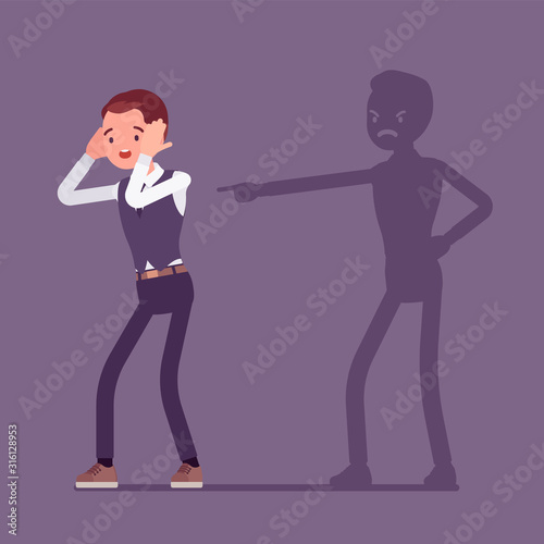 Self-blame emotions, guilt and self-disgust man. Stressful situation or depression, emotional abuse, shame, worry, unhappiness, responsible for a fault or wrong. Vector flat style cartoon illustration