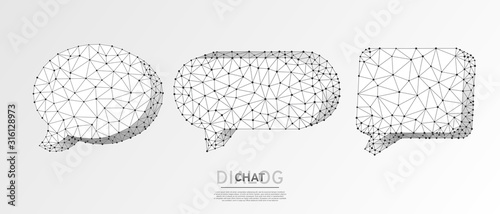 Dialogue, Chat clouds set. Wireframe, digital 3d vector illustration. Low poly technology, devices, people communication concept on white origami background. Abstract polygonal Social Network symbol