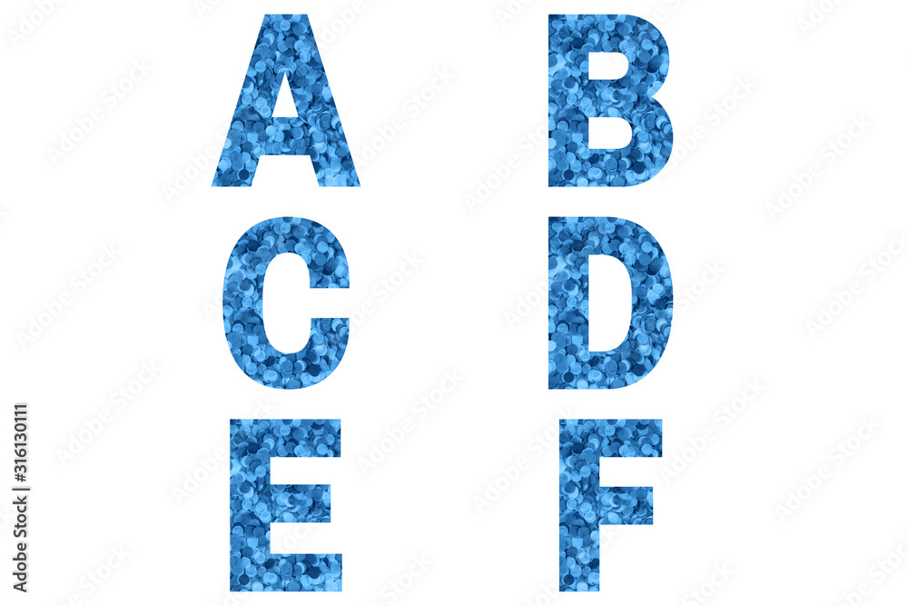 Confetti font Alphabet a, b, c, d, e, f made of blue confetti background. Festive Alphabet.