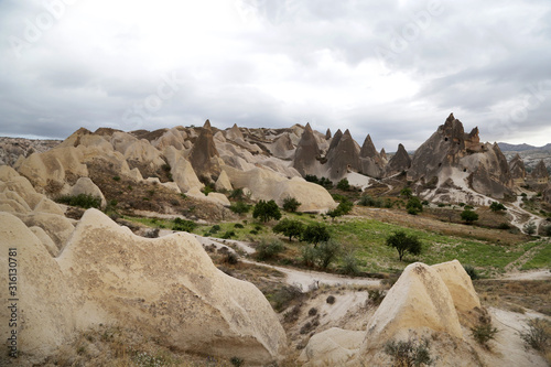 Unusual rocks of volcanic rock in the Sabel Valley (Kilichlar) near the village of Goreme in the Cappadocia region in Turkey.