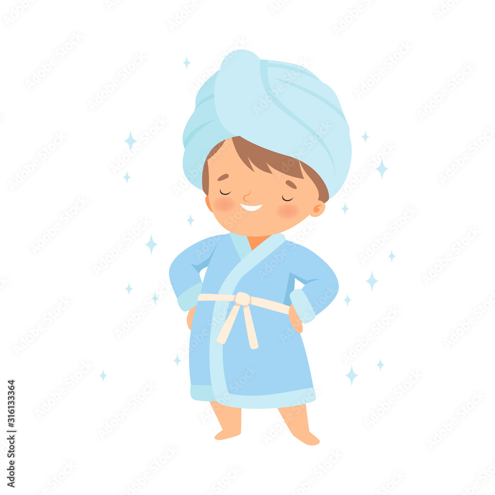 Little Boy Wearing Bathrobe Standing with Towel on His Head Vector Illustration Little Boy Wearing Bathrobe Standing with Towel on His Head Vector Illustration