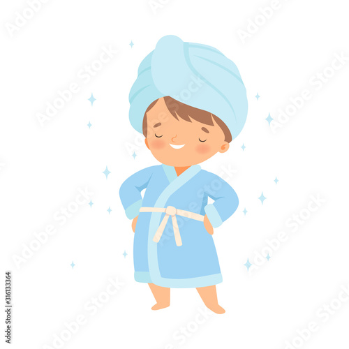 Little Boy Wearing Bathrobe Standing with Towel on His Head Vector Illustration