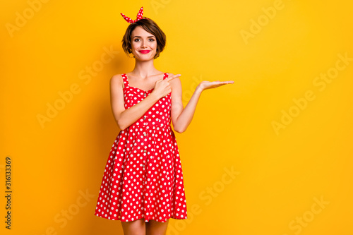Portrait of positive cheerful girl hold hand display ads promotion point index finger advise choose decide follow comment repost wear red good look skirt isolated over vivid color background
