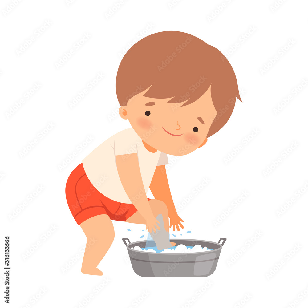 Little Boy Washing His Legs in Washbasin Vector Illustration Little Boy Washing His Legs in Washbasin Vector Illustration
