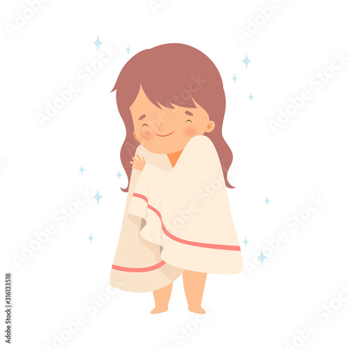 Little Girl Covered with Towel for Drying After Shower Vector Illustration