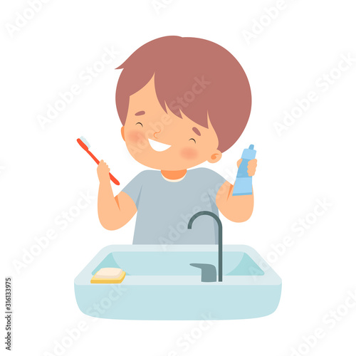 Little Boy Standing and Brushing His Teeth Vector Illustration