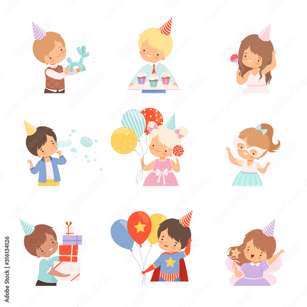 Little Children Celebrating Birthday Holding Festive Attributes Vector Illustrations Set Little Children Celebrating Birthday Holding Festive Attributes Vector Illustrations Set