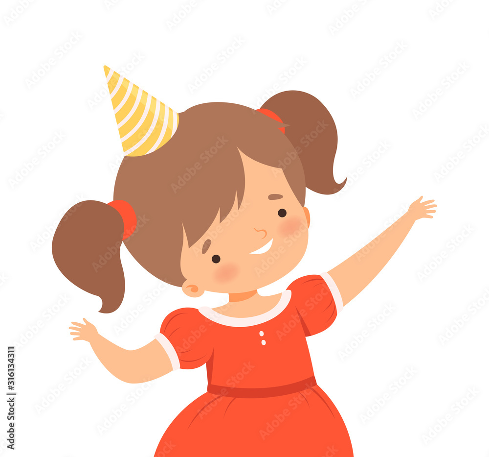 Cheerful Little Girl Wearing Birthday Hat Waving Hands Vector Illustration Cheerful Little Girl Wearing Birthday Hat Waving Hands Vector Illustration