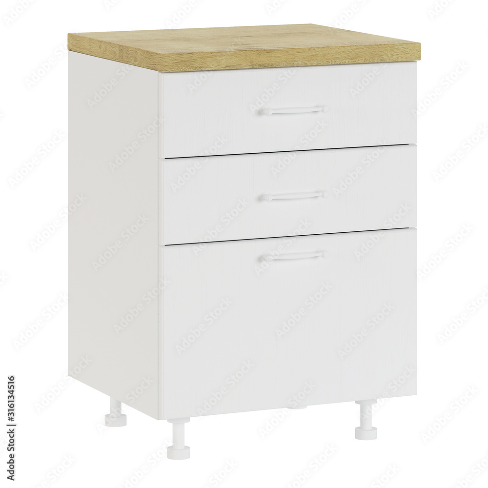 Furniture module. Furniture and kitchen equipment isolated on white background. 3D rendering. Furniture module. Furniture and kitchen equipment isolated on white background. 3D rendering.