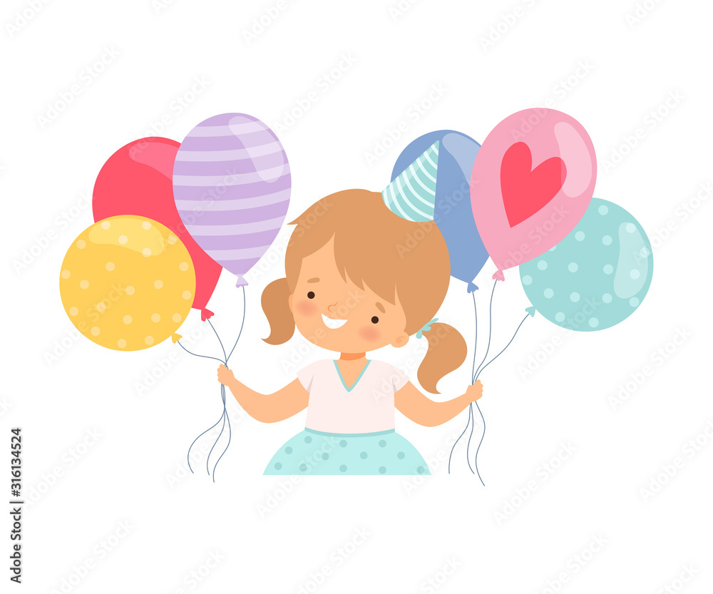 Little Girl Wearing Birthday Hat Carrying Bunch of Balloons Vector Illustration
