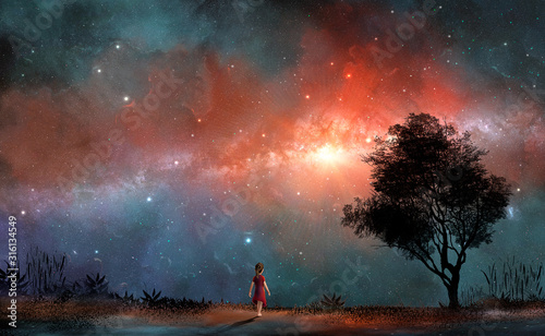 Cute small girl in red dress walk on land with tree and milky way in colorful nebula. Elements furnished by NASA. 3D rendering