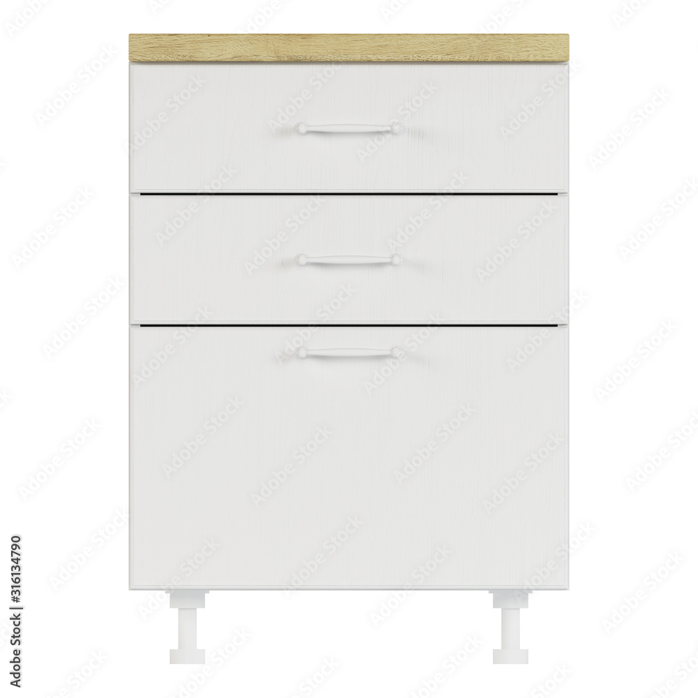 Furniture module. Furniture and kitchen equipment isolated on white background. 3D rendering. Furniture module. Furniture and kitchen equipment isolated on white background. 3D rendering.