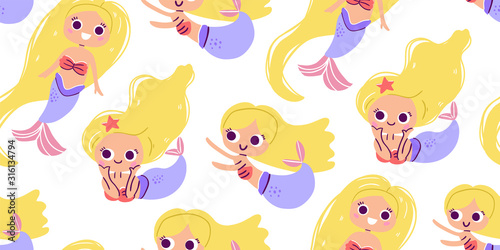 Seamless pattern - cute little blond mermaids