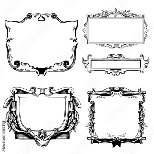 Cartouche for an old geographical map. Ancient frame for the signature. Baroque, Rococo style. Hand-drawn sketch vector photo
