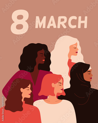 8 march day card. Young strong women stand together. Concept of women empowerment, self-acceptance, and gender equality.  Vector flat illustration