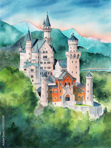 Watercolor illustration of the Bavarian Neuschweinstein castle in the mountains covered with dense green forest photo