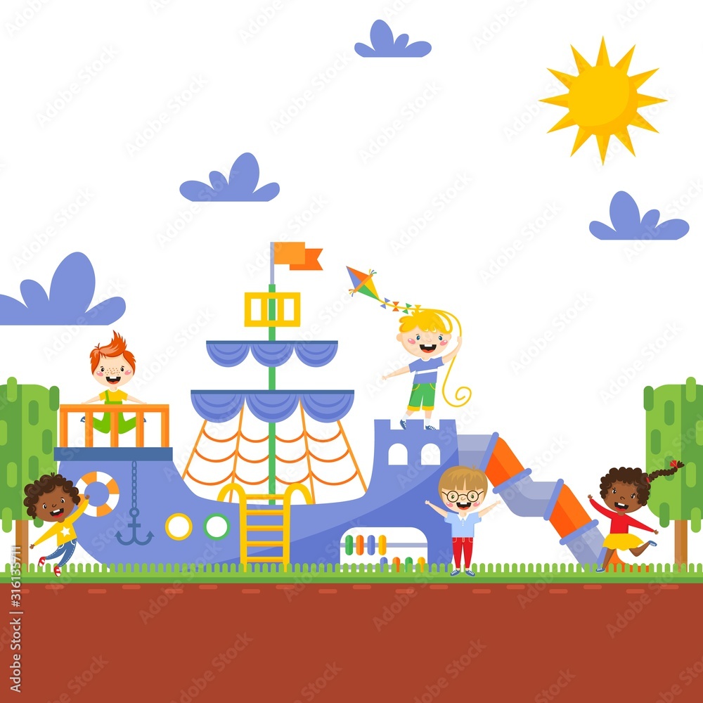 Children playing on playground, vector illustration. Happy active kids running and laughing outdoors. Boys and girls carton characters, playground ship in summer park