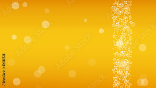 Beer background. Craft lager splash. Oktoberfest foam. restaurant flyer layout. Froth pint of ale with realistic white bubbles. Cool liquid drink for Golden mug with beer background.