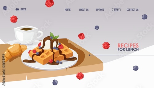 Waffles and coffee for breakfast, cafe website design, vector illustration. Landing page template for restaurant or food recipes web site. Continental european breakfast
