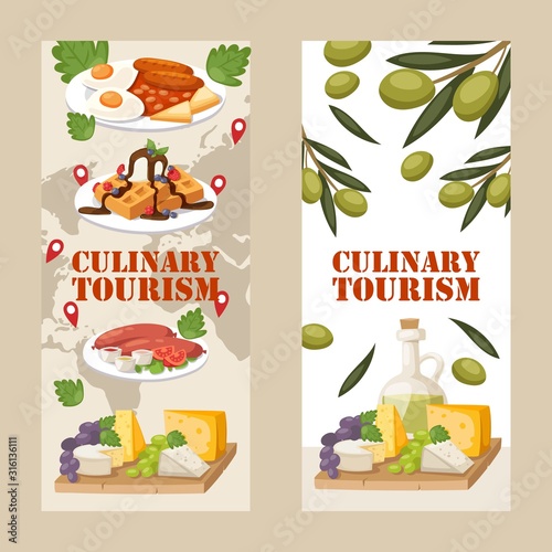 Culinary tourism vertical banners, vector illustration. Travel food experience, taste traditional dishes of different cuisine. Advertisement of culinary tour around the world