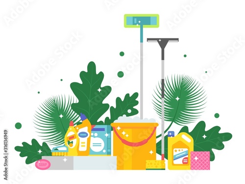 Cleaning products and fresh green leaves, vector illustration. Flat style background with bucket, mop, soap and sponge. Sparkling clean, shiny housekeeping supplies