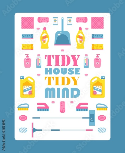 Typographic poster with isolated icons of cleaning products, vector illustration. Motivational text tidy house tidy mind. Cleaning service brochure cover template