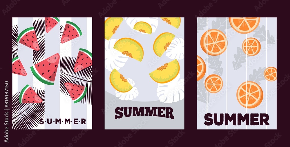 Summer fruits banner, vector illustration. Juicy slices of watermelon, melon and orange. Typographic posters with copy space, set of banners with fresh fruits, summer campaign