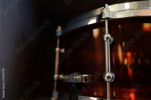 Close up of snare drum, Drumset is it a instruments for drummer musician, percussion rythm equipment. with selective focus