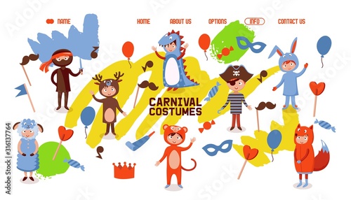 Carnival costumes for children, kids clothing store website, vector illustration