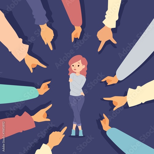 Woman surrounded by pointing hands, victim blaming vector illustration