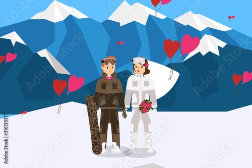 Romantic couple spending honeymoon at ski resort, active leisure vector illustration