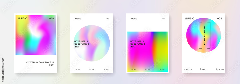 Holographic shape set. Abstract backgrounds. Rainbow holographic shape with gradient mesh. 90s, 80s retro style. Pearlescent graphic template for brochure, banner, wallpaper, mobile screen