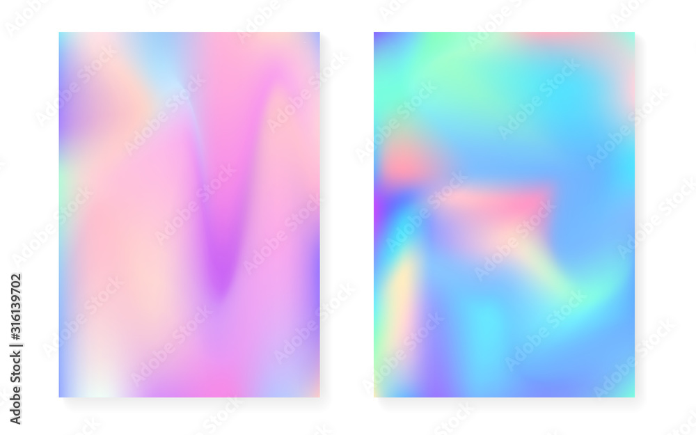 Hologram gradient background set with holographic cover. 90s, 80s retro style. Pearlescent graphic template for placard, presentation, banner, brochure. Retro minimal hologram gradient.