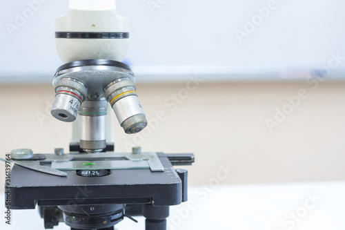 Laboratory microscope lens.modern microscopes in a lab.