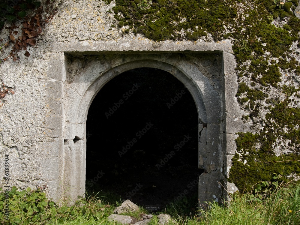 Dark entrance into old house without the door, Vegetation grows on the wall, Round shape door frame. Dark entrance into old house without the door, Vegetation grows on the wall, Round shape door frame.