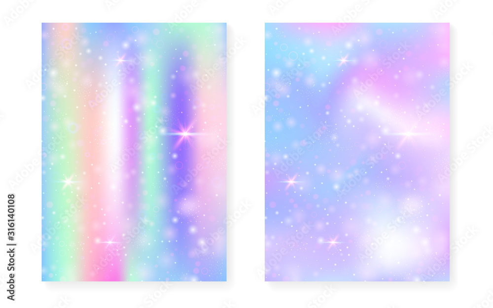 Unicorn background with kawaii magic gradient. Princess rainbow hologram. Holographic fairy set. Bright fantasy cover. Unicorn background with sparkles and stars for cute girl party invitation. Unicorn background with kawaii magic gradient. Princess rainbow hologram. Holographic fairy set. Bright fantasy cover. Unicorn background with sparkles and stars for cute girl party invitation.