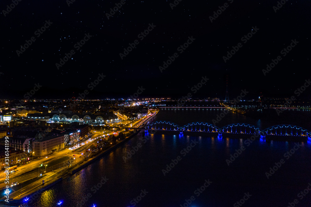 Riga Cityscape Night Railway Bridge Latvia