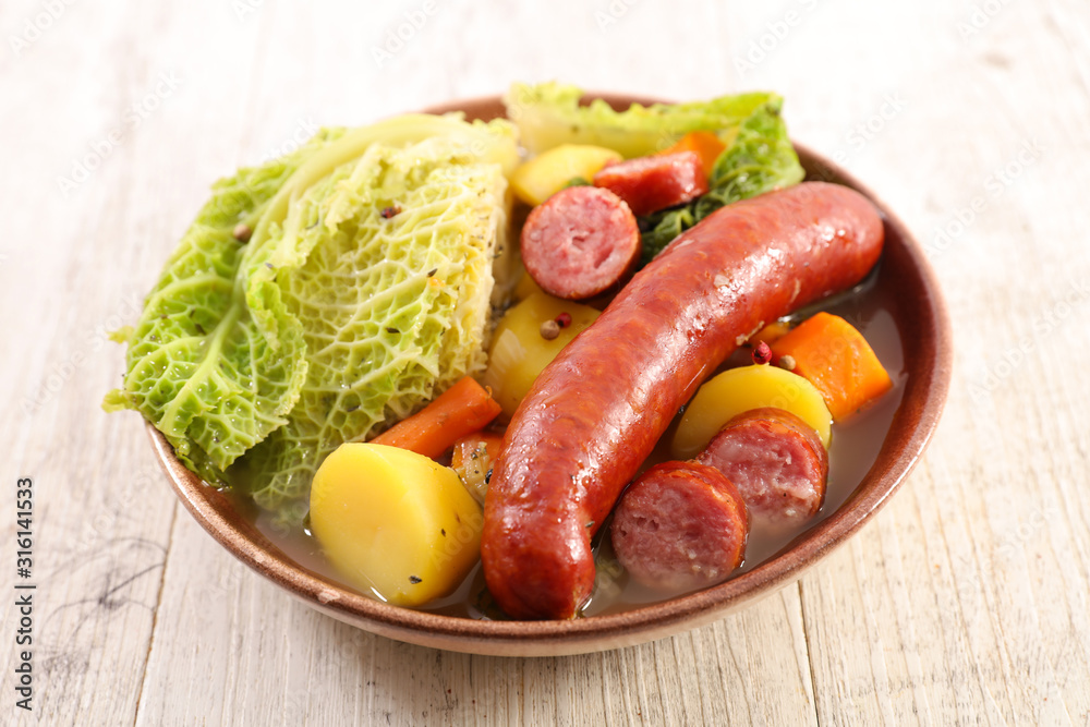 cabbage, vegetable, sausage and broth cabbage, vegetable, sausage and broth