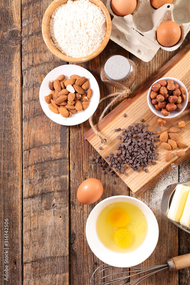 baking ingredient with butter, flour, egg, chocolate- cake ingredient recipe baking ingredient with butter, flour, egg, chocolate- cake ingredient recipe