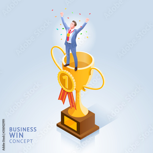 Business win conceptual design vector illustrations. Businessman standing on top trophy cup.